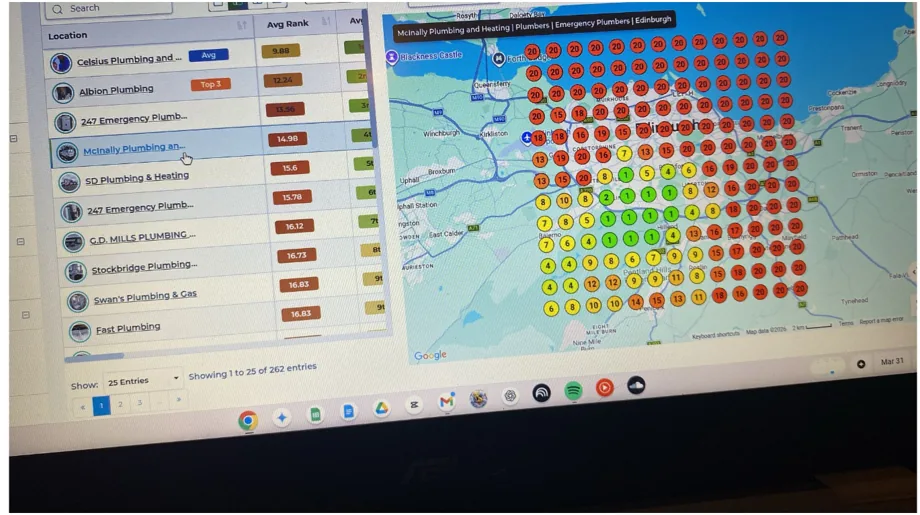 Local rank tracking grid screenshot for McInally Plumbing